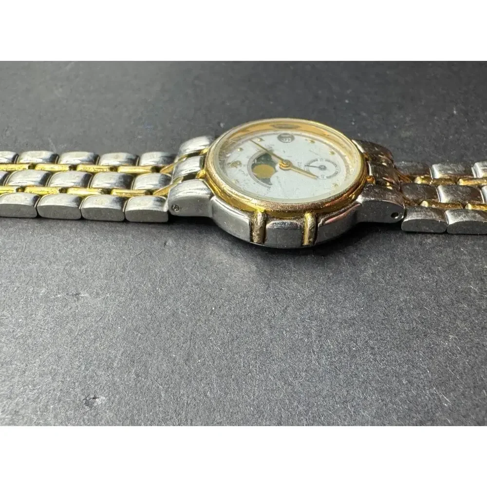 Vintage PB Quartz Moon Phase Date Two Tone Stainless Steel Watch 5ATM